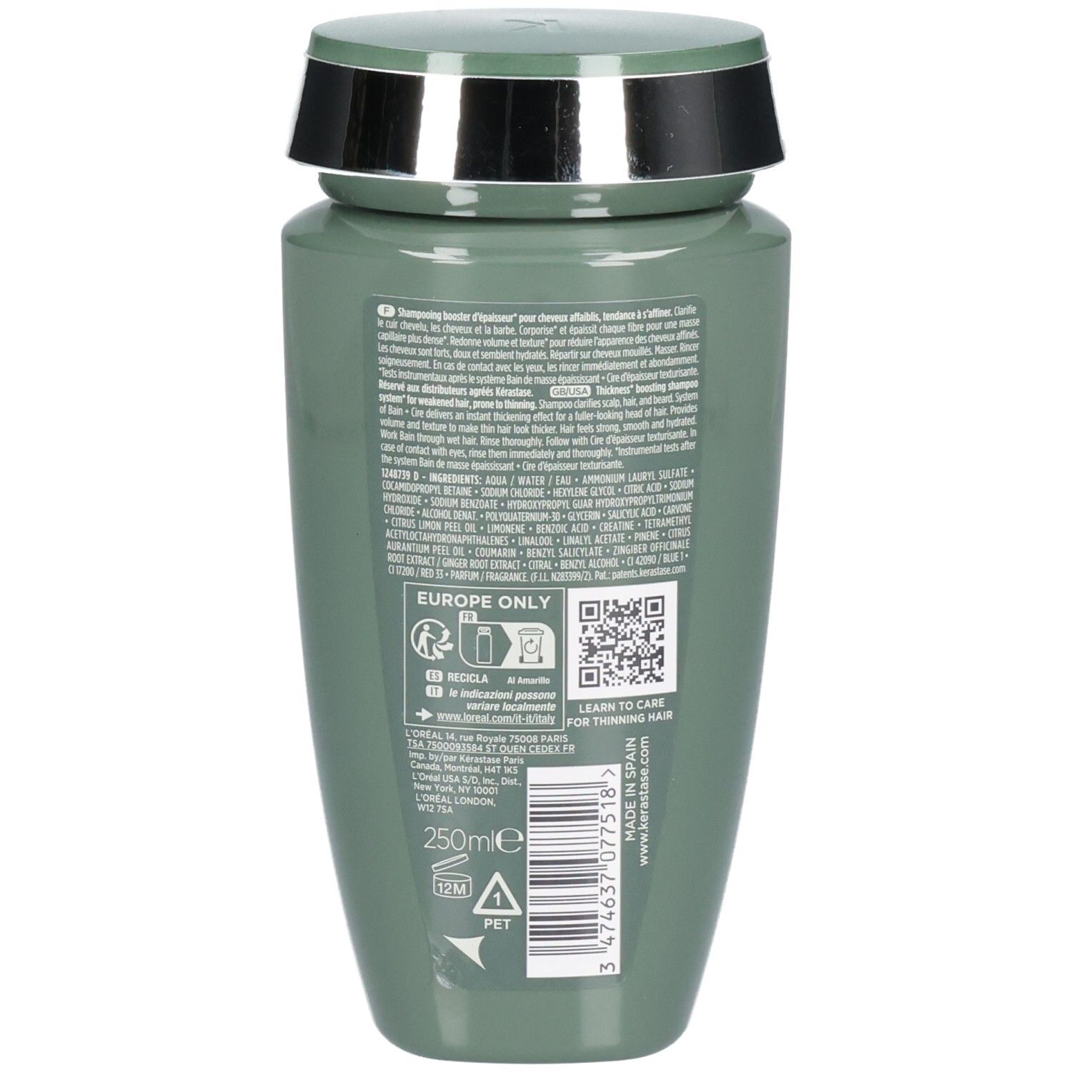 Arrière du flacon Kérastase Genesis Homme Bain de Masse Épaississant Shampooing, 250ml. Contient des informations produit et un code-barres.