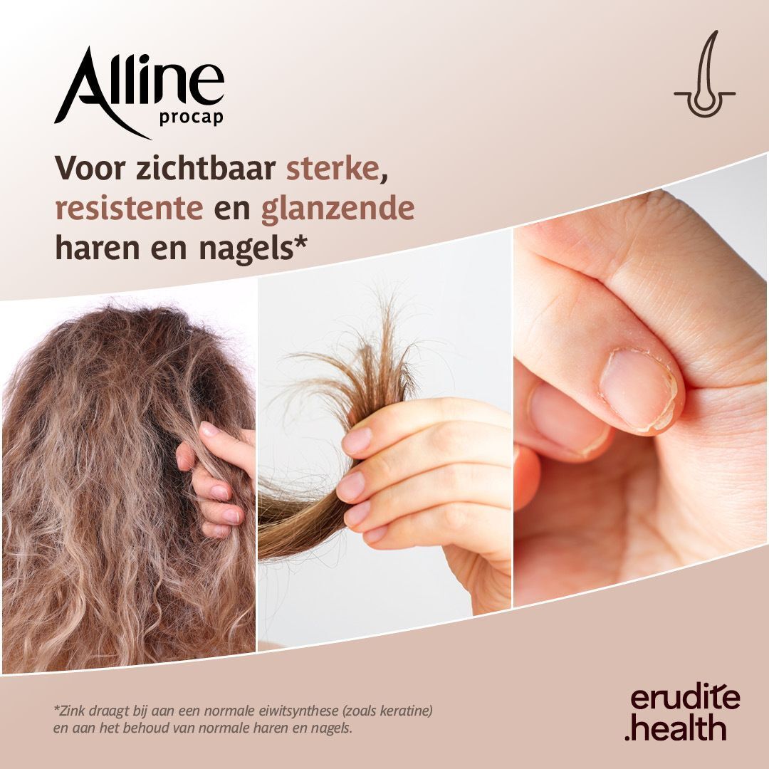 Verpakking Alline Procap haarwachstum capsules met vrouwenportret en keratine vermelding.