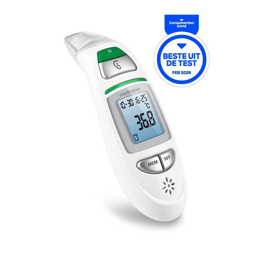 Witte infraroodthermometer met display. Toont 36,8°C. Knoppen: MEM, SET. Label: Beste uit de test.