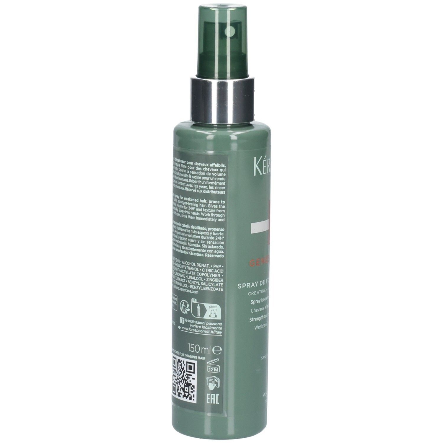 Achterkant van de Kérastase Genesis Homme Spray de Force Épaississant fles met ingrediënten.