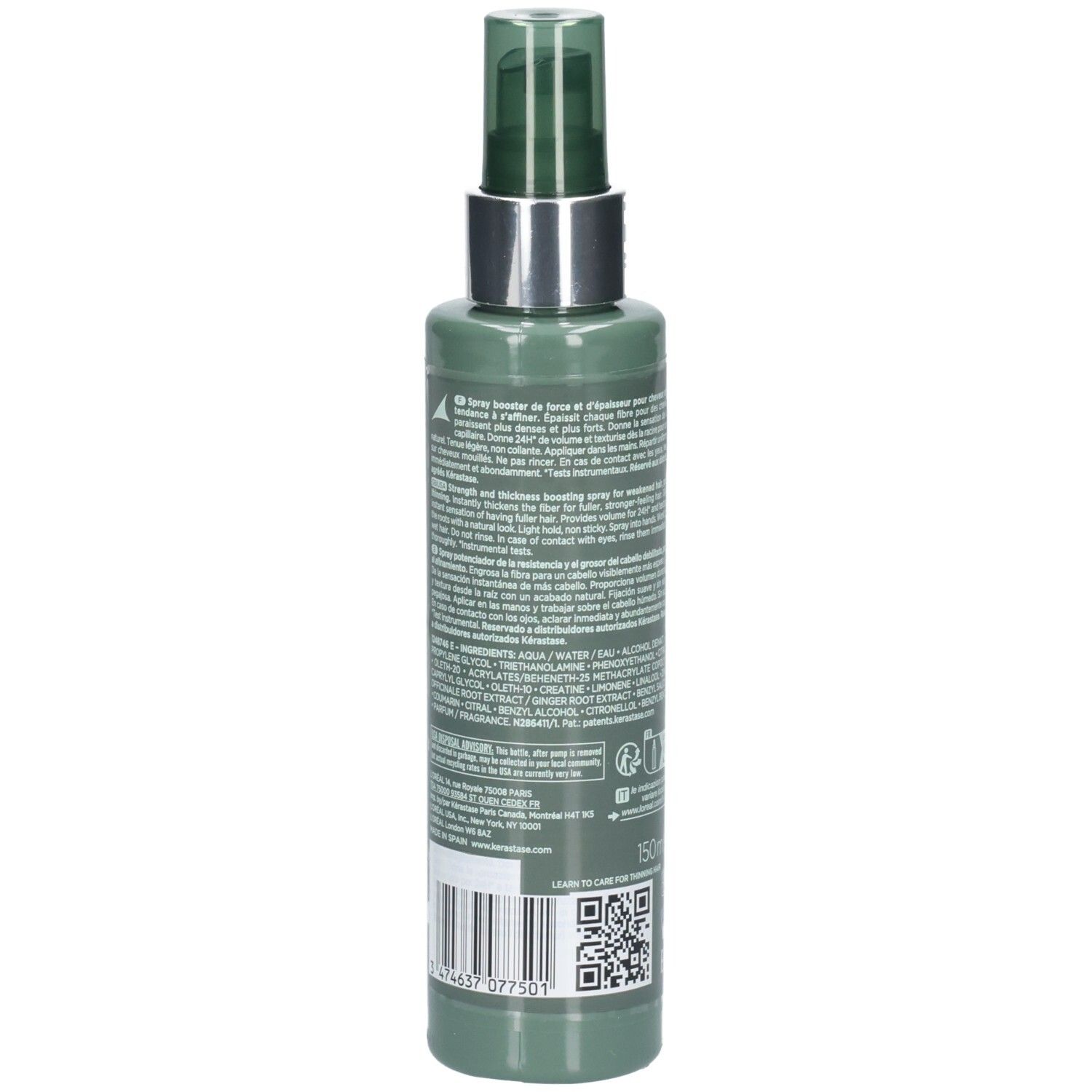 Achterkant van de Kérastase Genesis Homme Spray de Force Épaississant fles met barcode en QR-code.