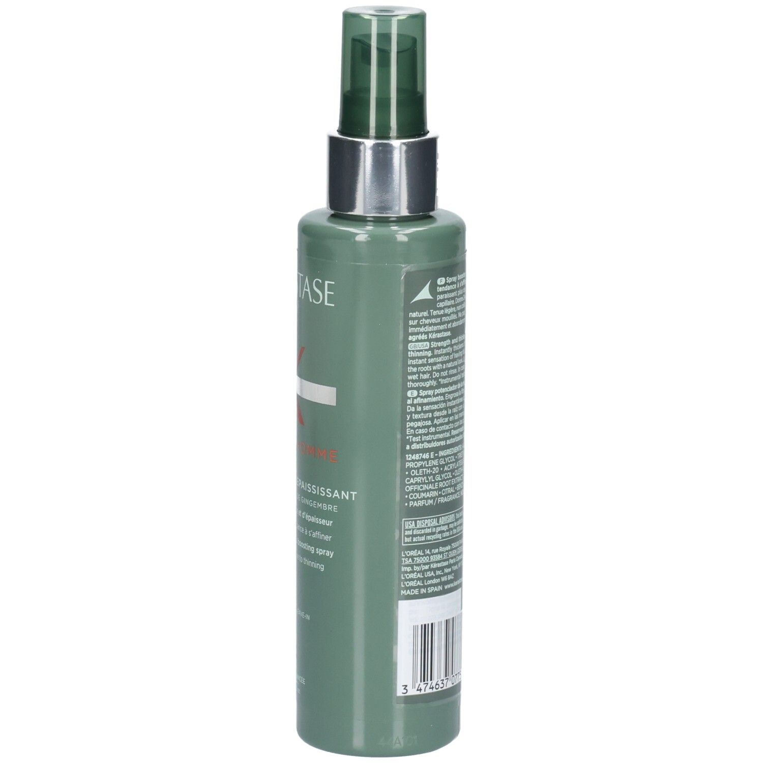 Zijkant van de Kérastase Genesis Homme Spray de Force Épaississant fles met productinformatie.