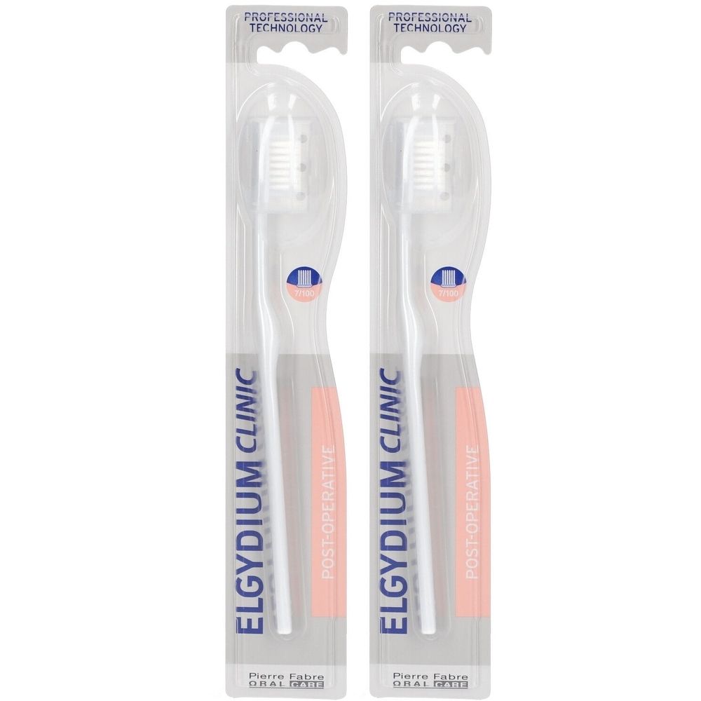Deux brosses à dents sous blister. Inscription: ELGYDIUM CLINIC, POST-OPERATIVE. Technologie professionnelle. Pierre Fabre ORAL CARE.