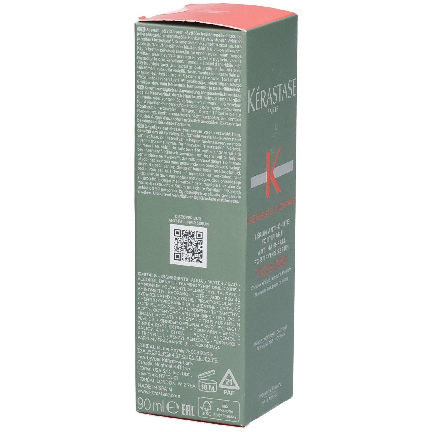 Kérastase Genesis Homme Sérum Anti-Chute Fortifiant, boîte en carton, arrière avec texte et QR code. 90ml.