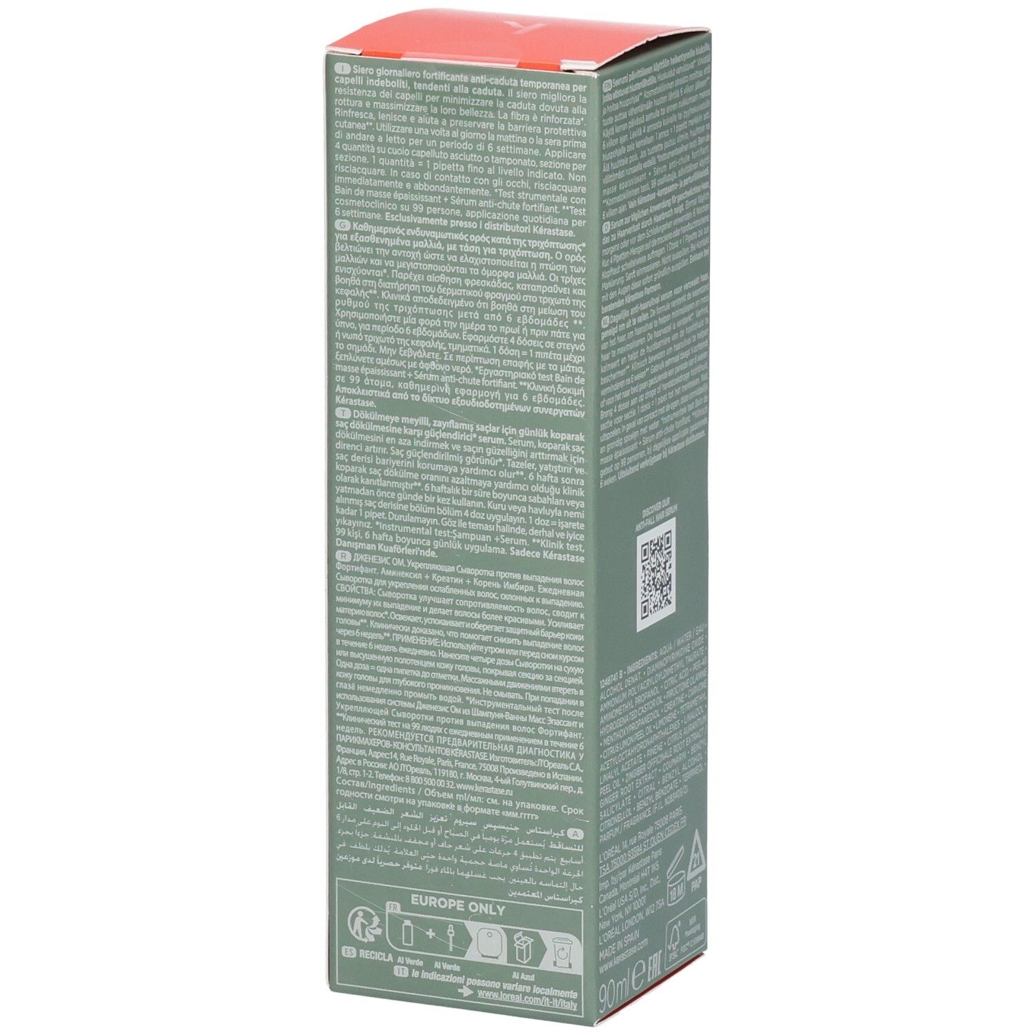 Kérastase Genesis Homme Sérum Anti-Chute Fortifiant, boîte en carton, côté avec texte. 90ml.