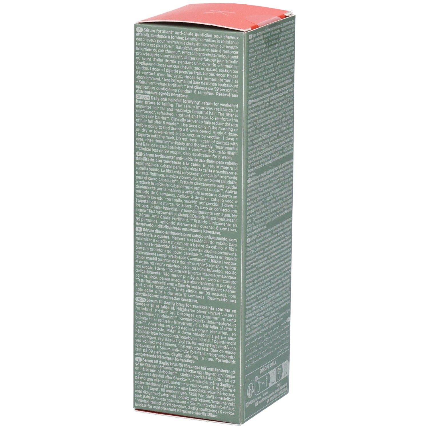 Kérastase Genesis Homme Sérum Anti-Chute Fortifiant, boîte en carton, côté avec texte. 90ml.