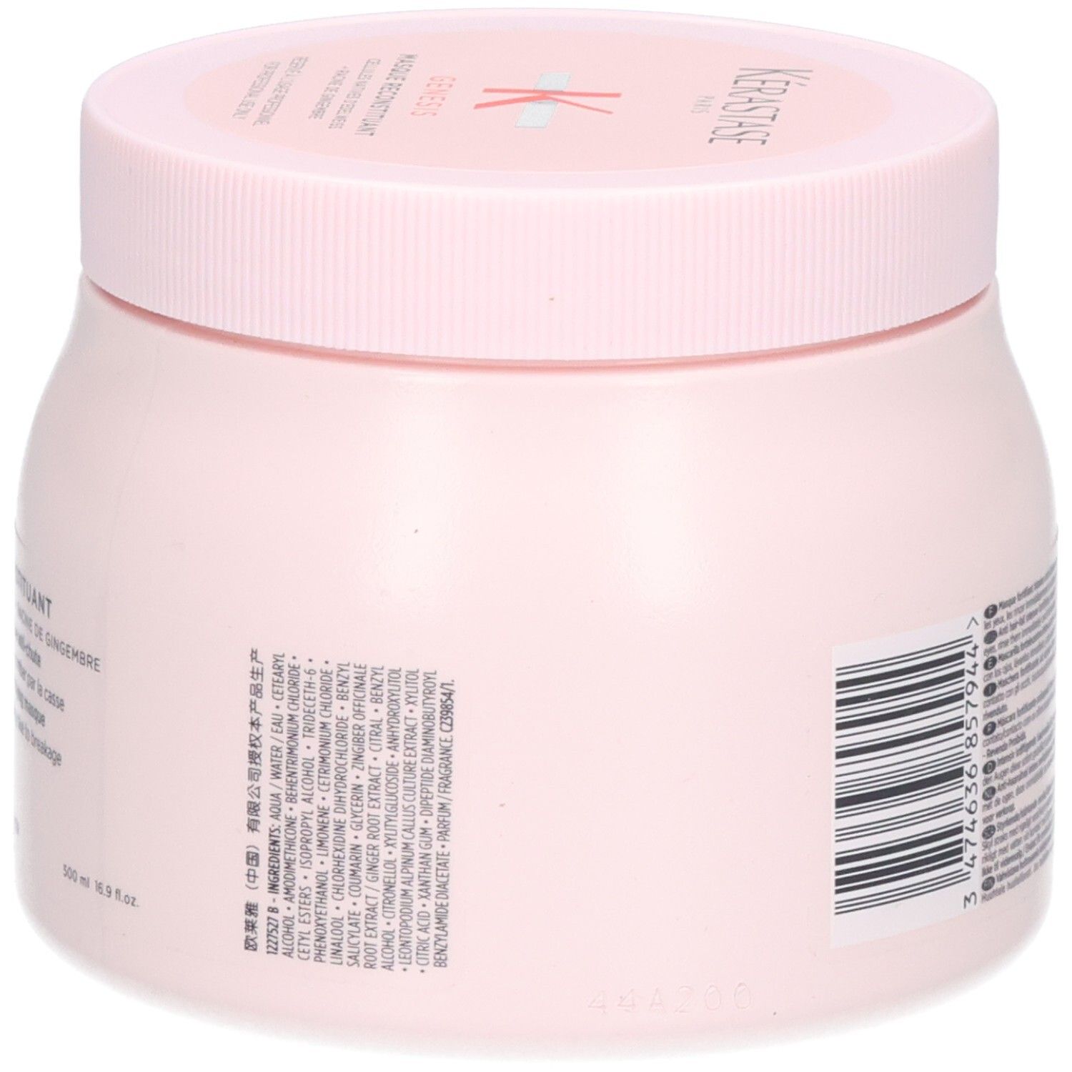 Kérastase Masque Reconstituant, achterkant van het 500ml potje met ingrediënten en barcode.