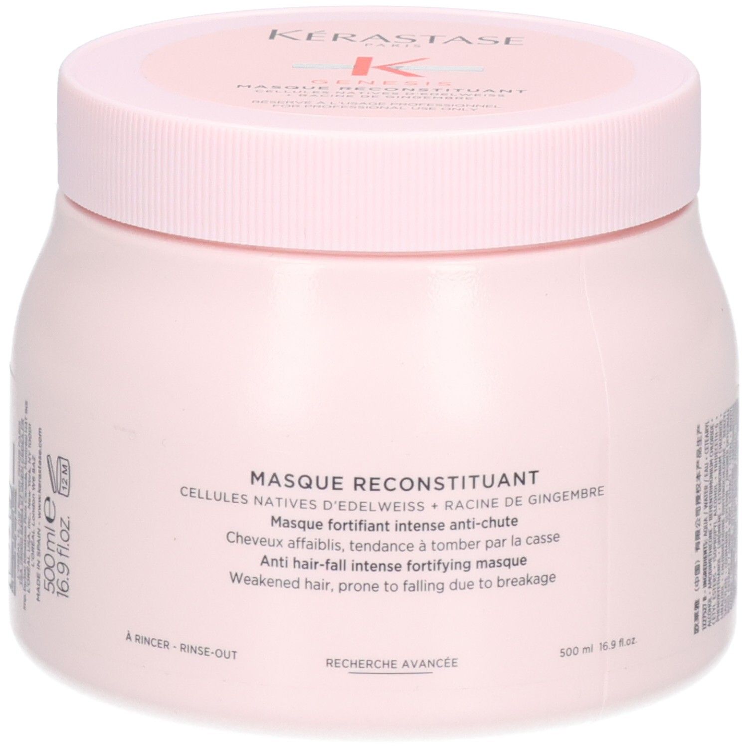 Kérastase Masque Reconstituant, 500ml haarmasker in roze pot, voorkant met productinformatie.
