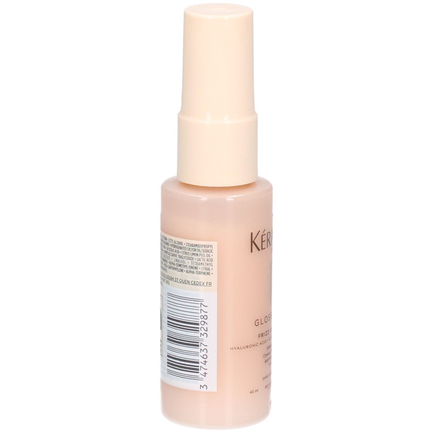Achterkant van de Kérastase Gloss Absolu Frizz-Glaze Cream Mini met ingrediënten en barcode.