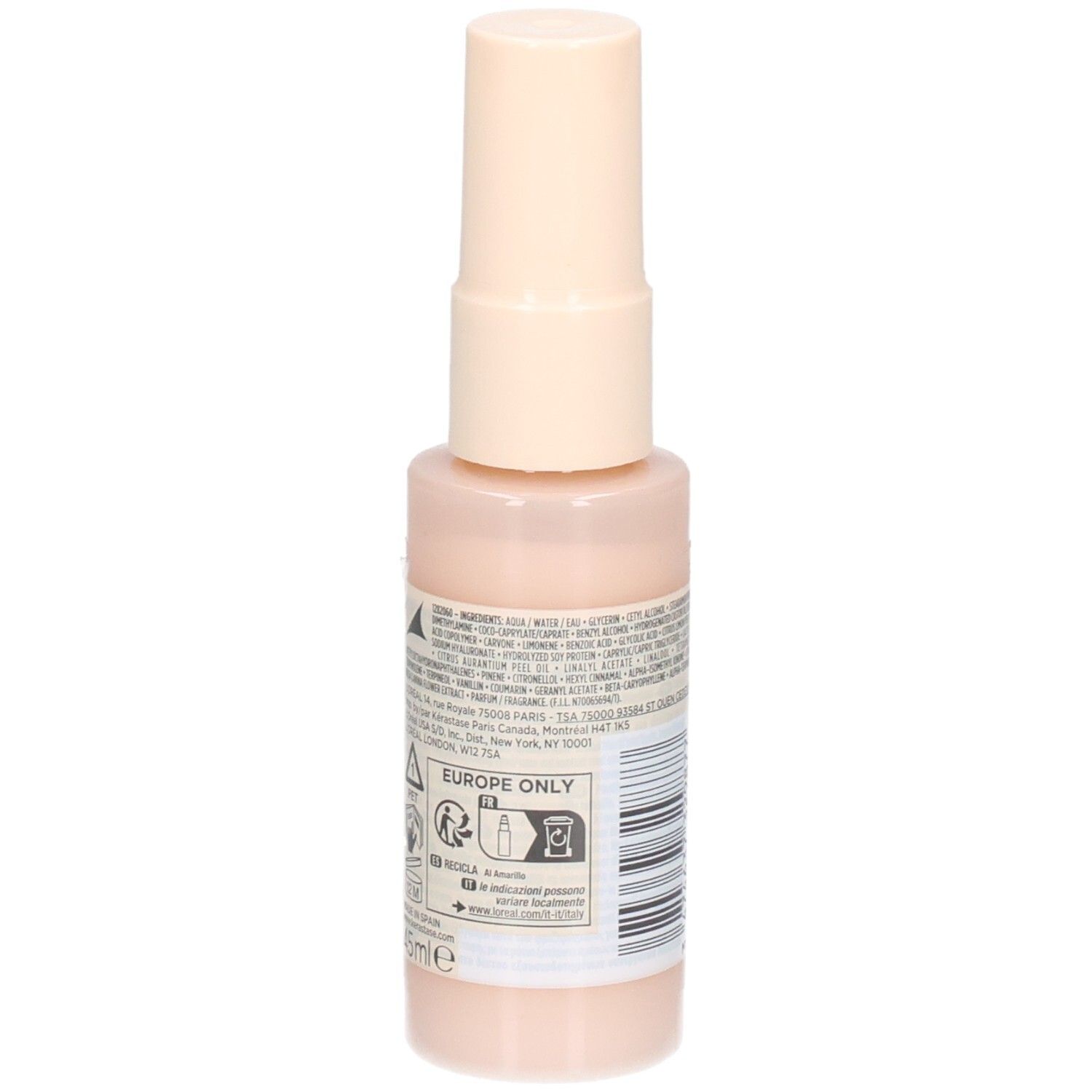 Zijkant van de Kérastase Gloss Absolu Frizz-Glaze Cream Mini met instructies en "Europe Only".