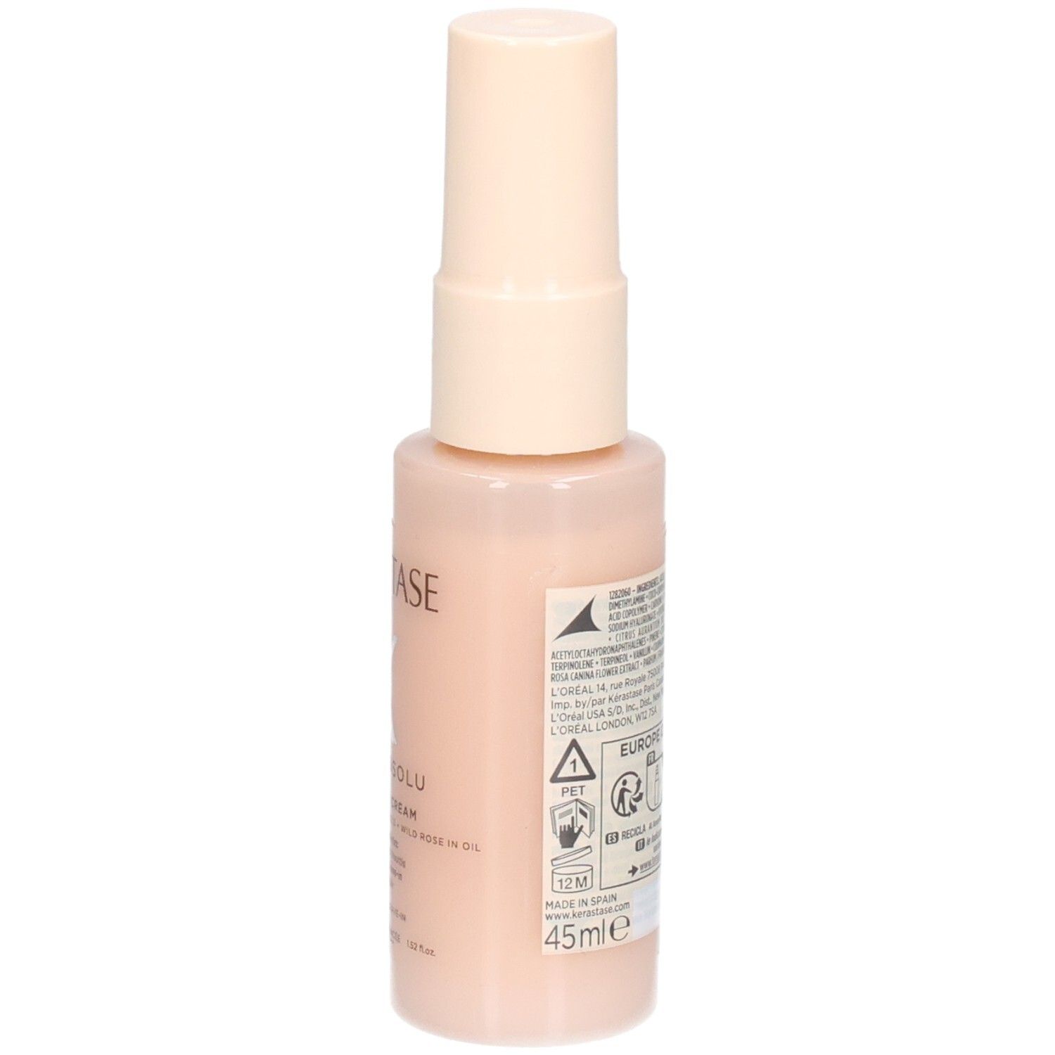 Zijkant van de Kérastase Gloss Absolu Frizz-Glaze Cream Mini met 45ml aanduiding en symbolen.