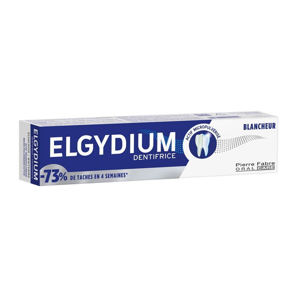 Deux tubes de dentifrice ELGYDIUM Blancheur, à base de bicarbonate de sodium micropulvérisé.