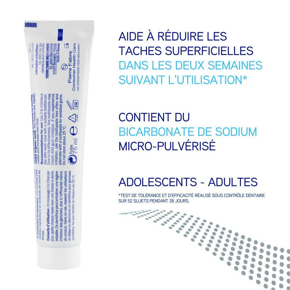 Tube de dentifrice ELGYDIUM, mentionnant la réduction des taches et le bicarbonate de sodium micropulvérisé.