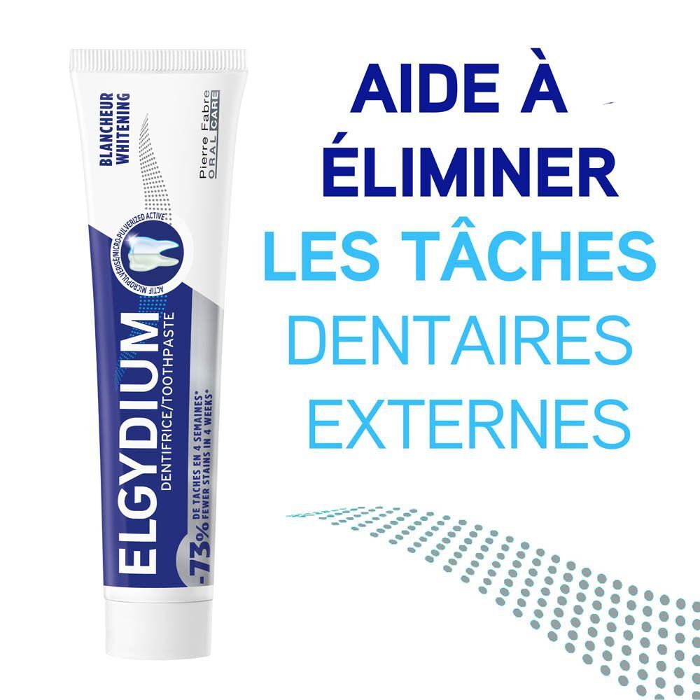 Tube de dentifrice ELGYDIUM, mettant en avant l'élimination des taches dentaires externes.