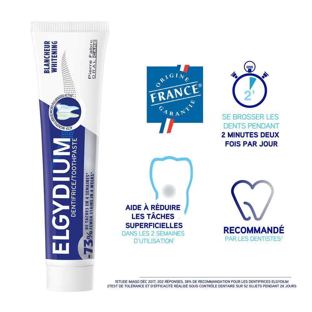 Tube de dentifrice ELGYDIUM avec sceaux Garantie Origine France, brossage 2 min et recommandation dentaire.