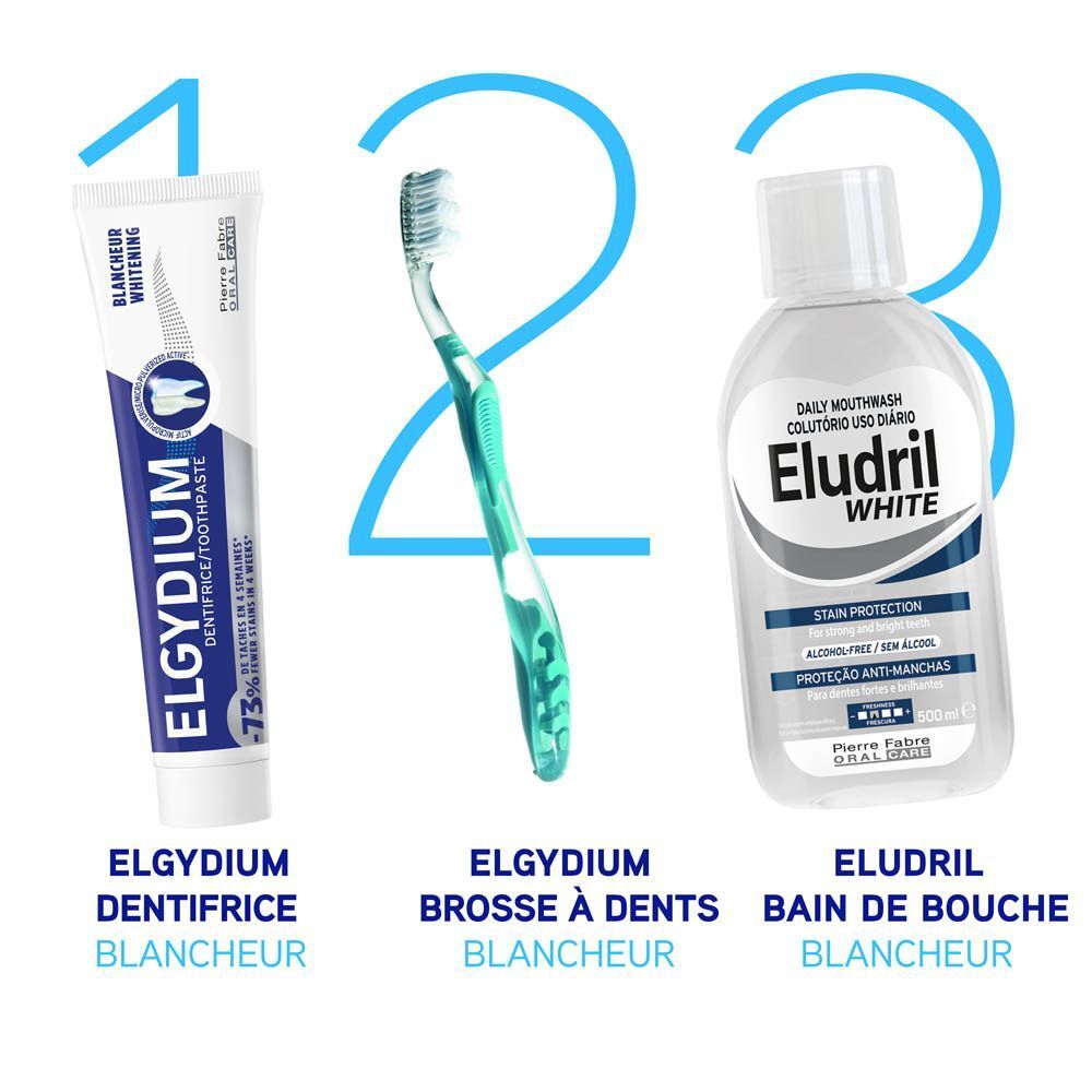 Dentifrice ELGYDIUM, brosse à dents et bain de bouche ELUDRIL pour dents blanches.