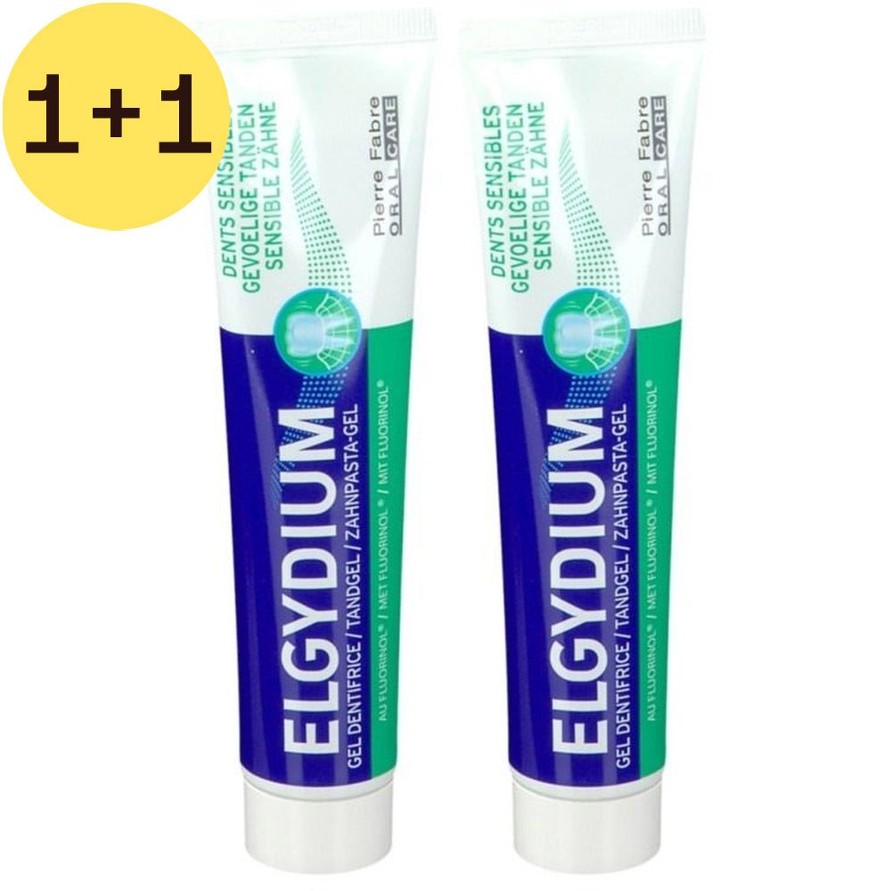 Twee tubes tandpasta. Blauw en witte verpakking. Opschrift: ELGYDIUM, Dents Sensibles, Pierre Fabre Oral Care.