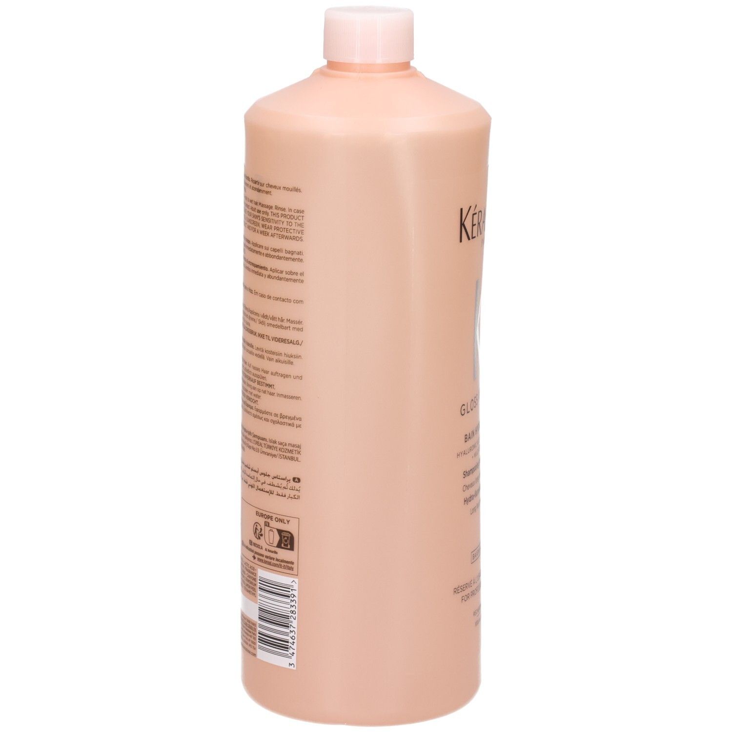 Arrière du flacon Kérastase Gloss Absolu Bain Hydra-Glaze Shampoo 1000ml avec informations produit.