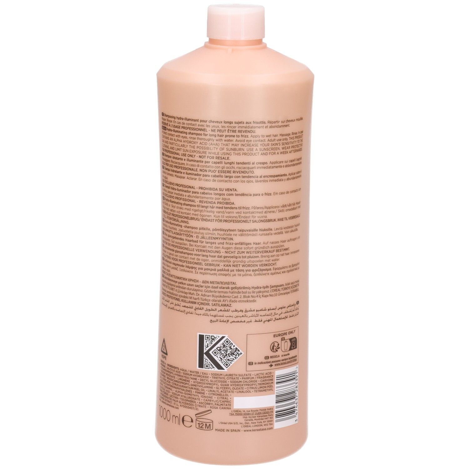 Arrière du flacon Kérastase Gloss Absolu Bain Hydra-Glaze Shampoo 1000ml avec informations produit et code-barres.