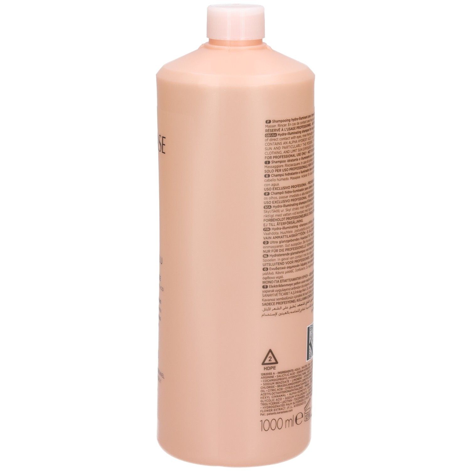 Arrière du flacon Kérastase Gloss Absolu Bain Hydra-Glaze Shampoo 1000ml avec informations produit.