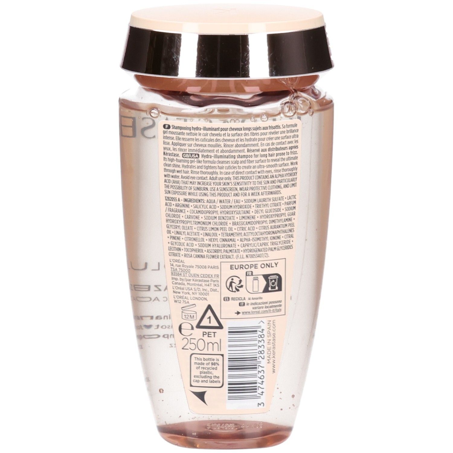 Shampoing Kérastase Gloss Absolu Hydra-Glaze. Arrière du flacon avec liste d'ingrédients et volume.