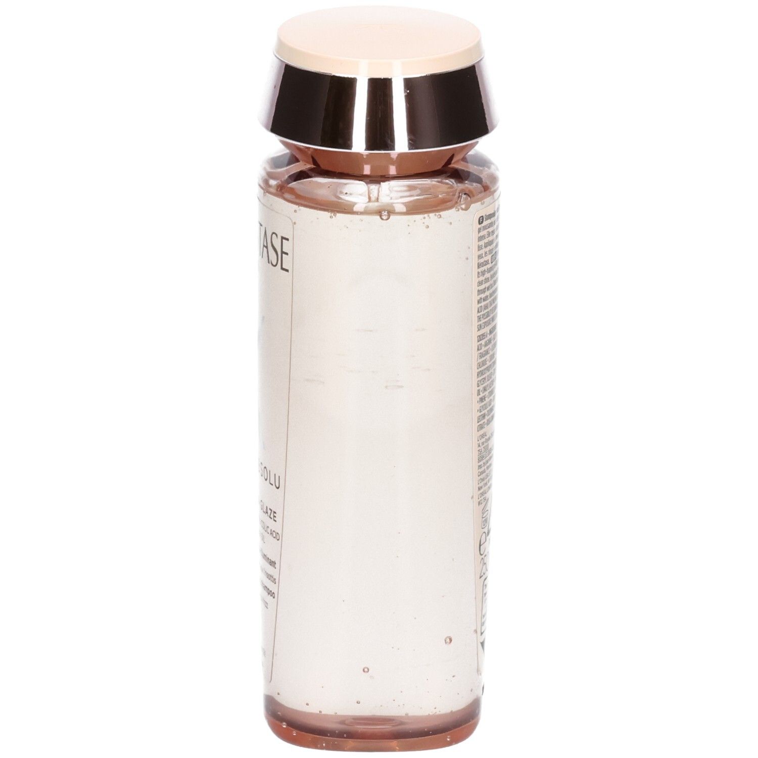 Shampoing Kérastase Gloss Absolu Hydra-Glaze. Vue latérale du flacon transparent au contenu rosé.
