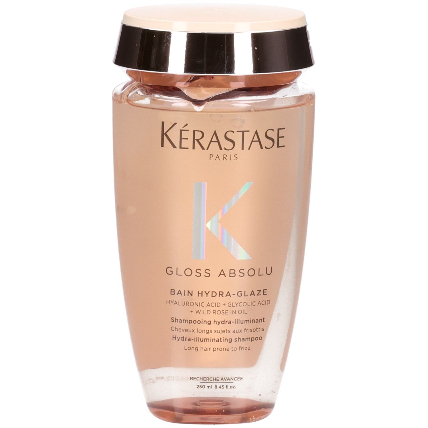 Shampoing Kérastase Gloss Absolu Hydra-Glaze. Flacon transparent au contenu rosé et bouchon doré.