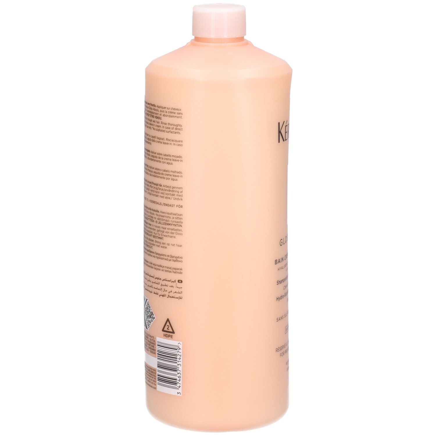 Arrière du flacon de shampoing Kérastase Gloss Absolu Bain Crème Hydra-Glaze avec ingrédients et instructions.