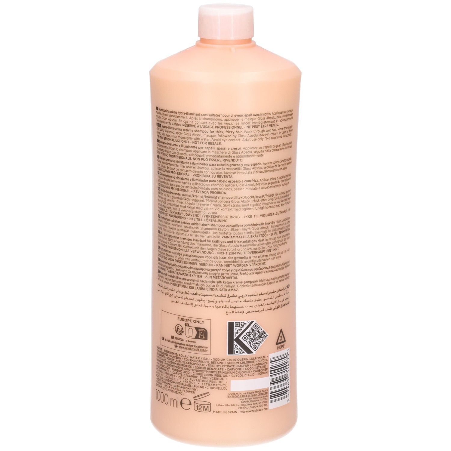 Arrière du flacon de shampoing Kérastase Gloss Absolu Bain Crème Hydra-Glaze avec code-barres et certifications.