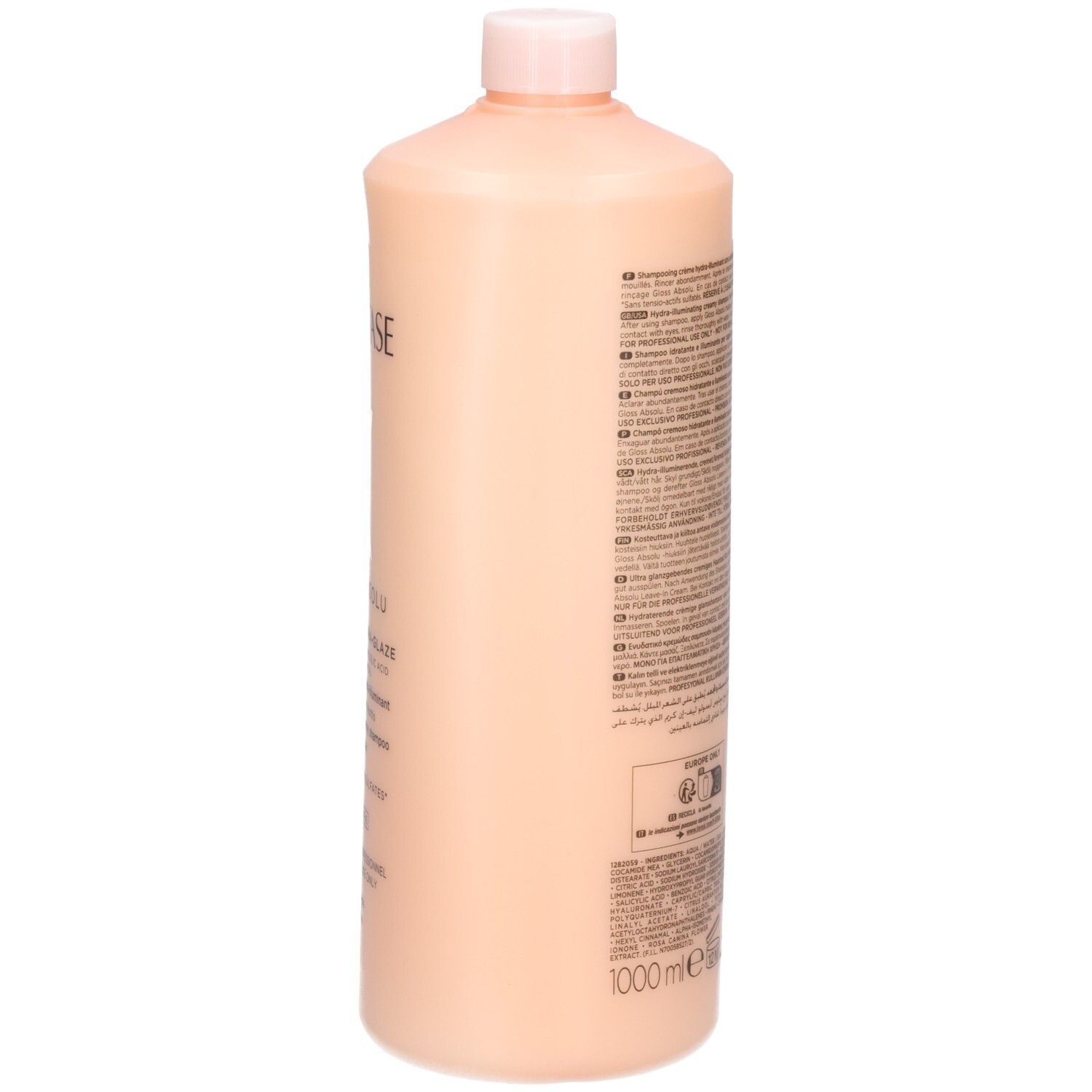 Vue de côté du flacon de shampoing Kérastase Gloss Absolu Bain Crème Hydra-Glaze, indication 1000ml.