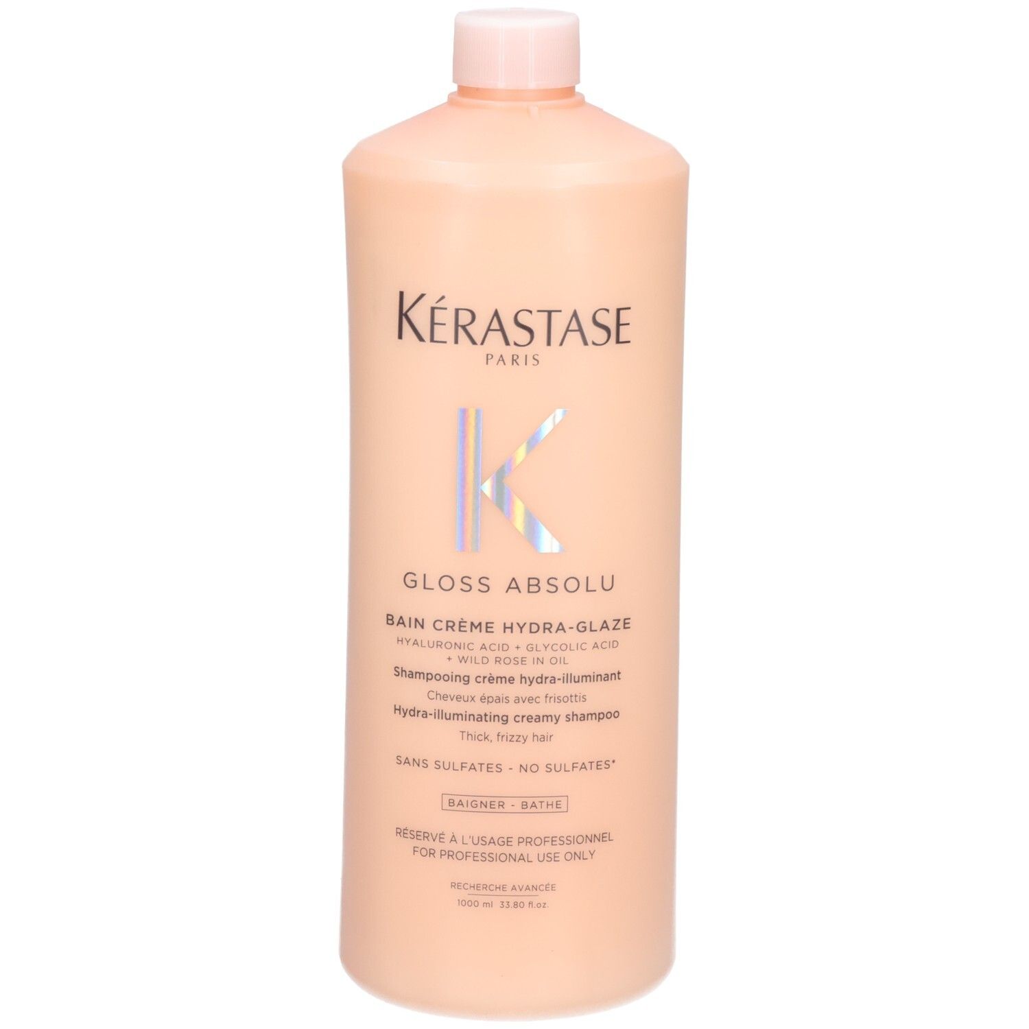 Shampoing Kérastase Gloss Absolu Bain Crème Hydra-Glaze, flacon de 1000ml, avec logo et nom du produit.