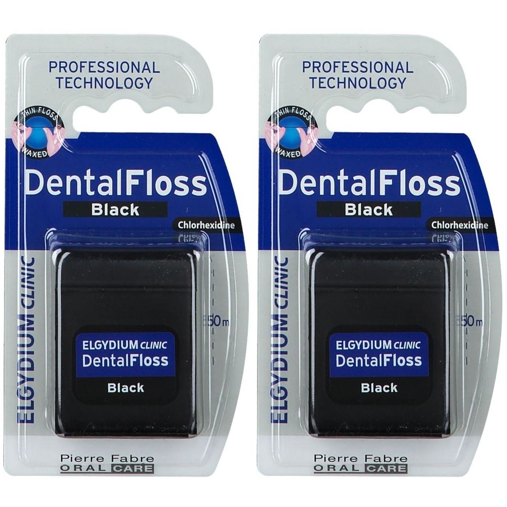 Twee verpakkingen zwarte floss. Opschrift: DentalFloss Black, ELGYDIUM CLINIC, Pierre Fabre ORAL CARE. Verpakking met ophanghaak.