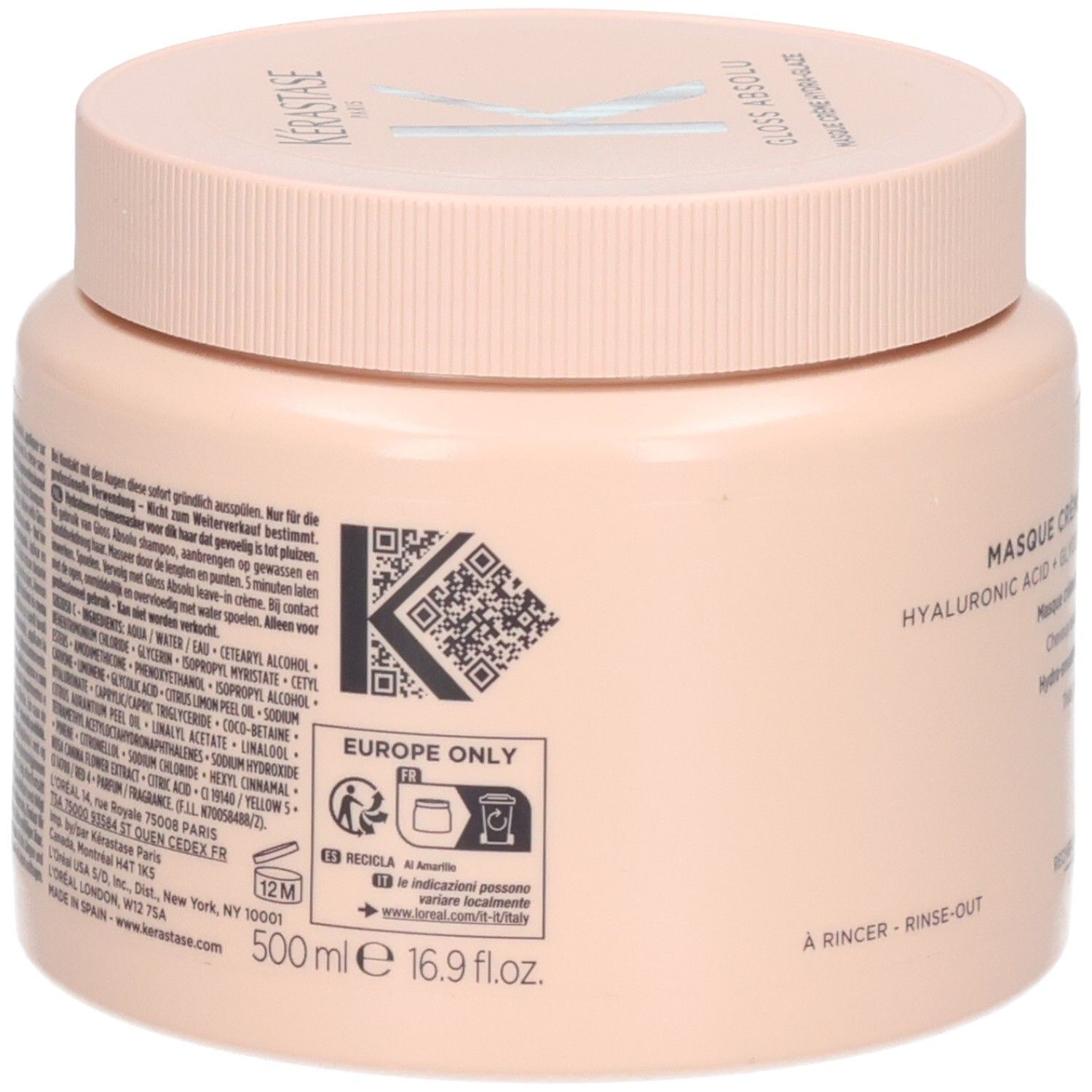 Arrière du pot Kerastase Gloss Absolu Masque Crème Hydra Glaze avec QR code et symboles de recyclage.