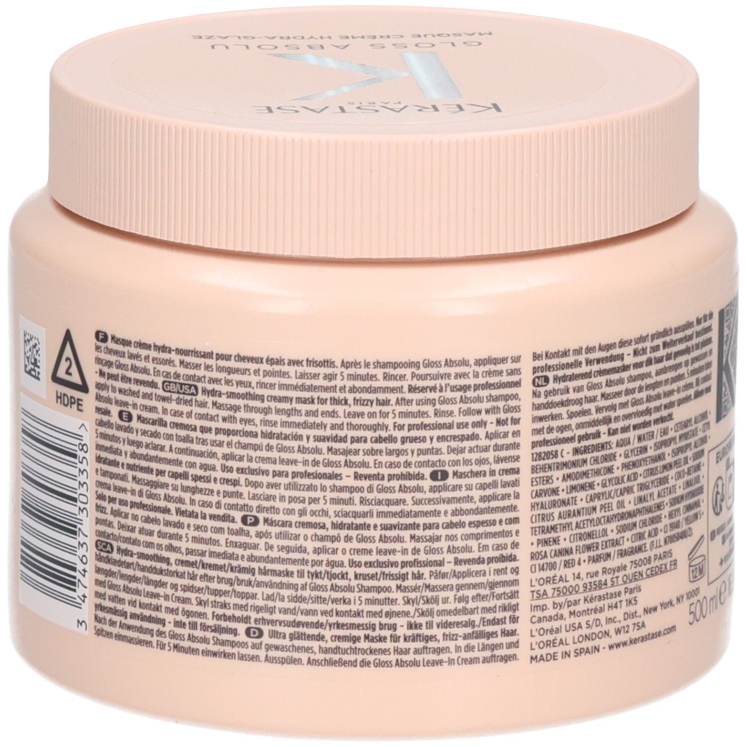 Vue latérale du pot Kerastase Gloss Absolu Masque Crème Hydra Glaze avec instructions d'utilisation détaillées.