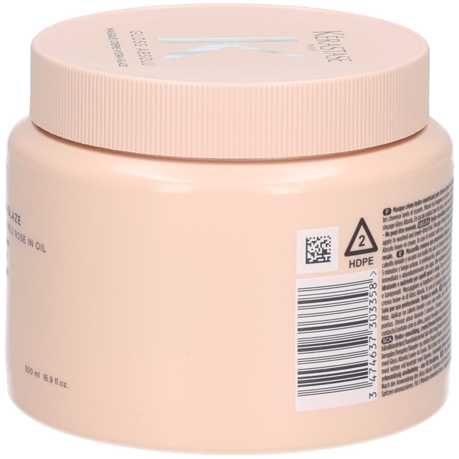 Vue latérale du pot Kerastase Gloss Absolu Masque Crème Hydra Glaze avec code-barres et symbole HDPE.