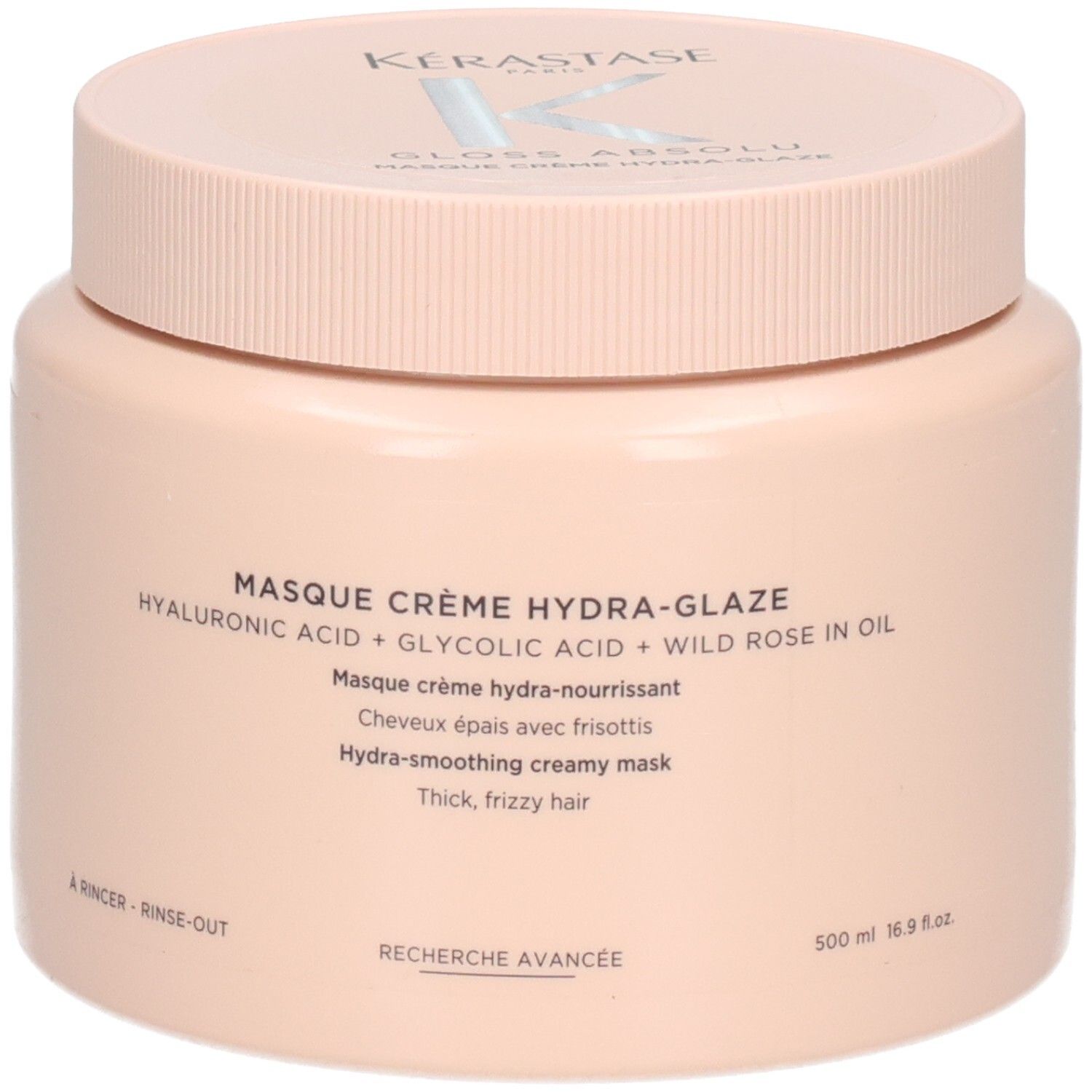 Masque Crème Hydra Glaze Gloss Absolu Kerastase dans un pot rose pâle, vue de face.