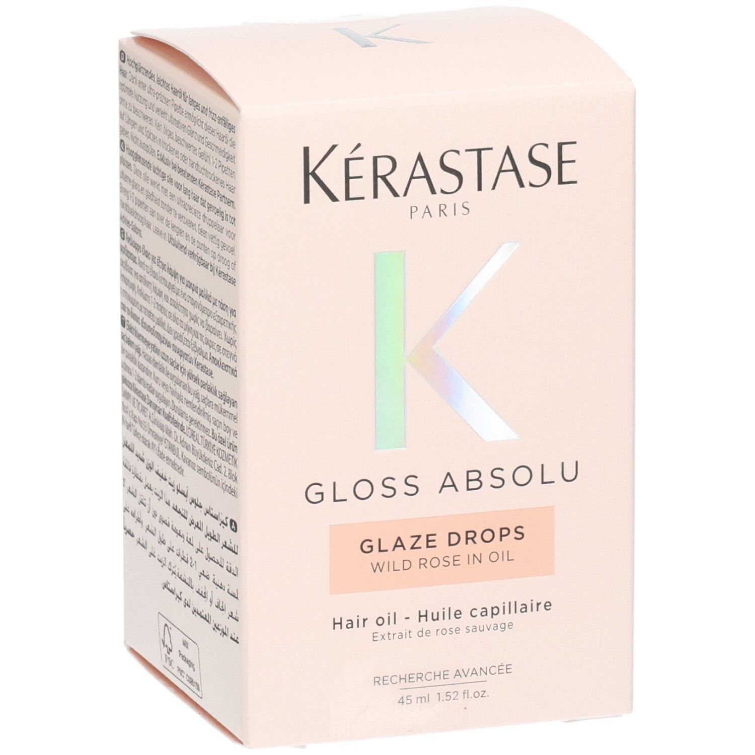 Kérastase Gloss Absolu Glaze Drops Haarolie: verpakking met K-logo en productnaam.