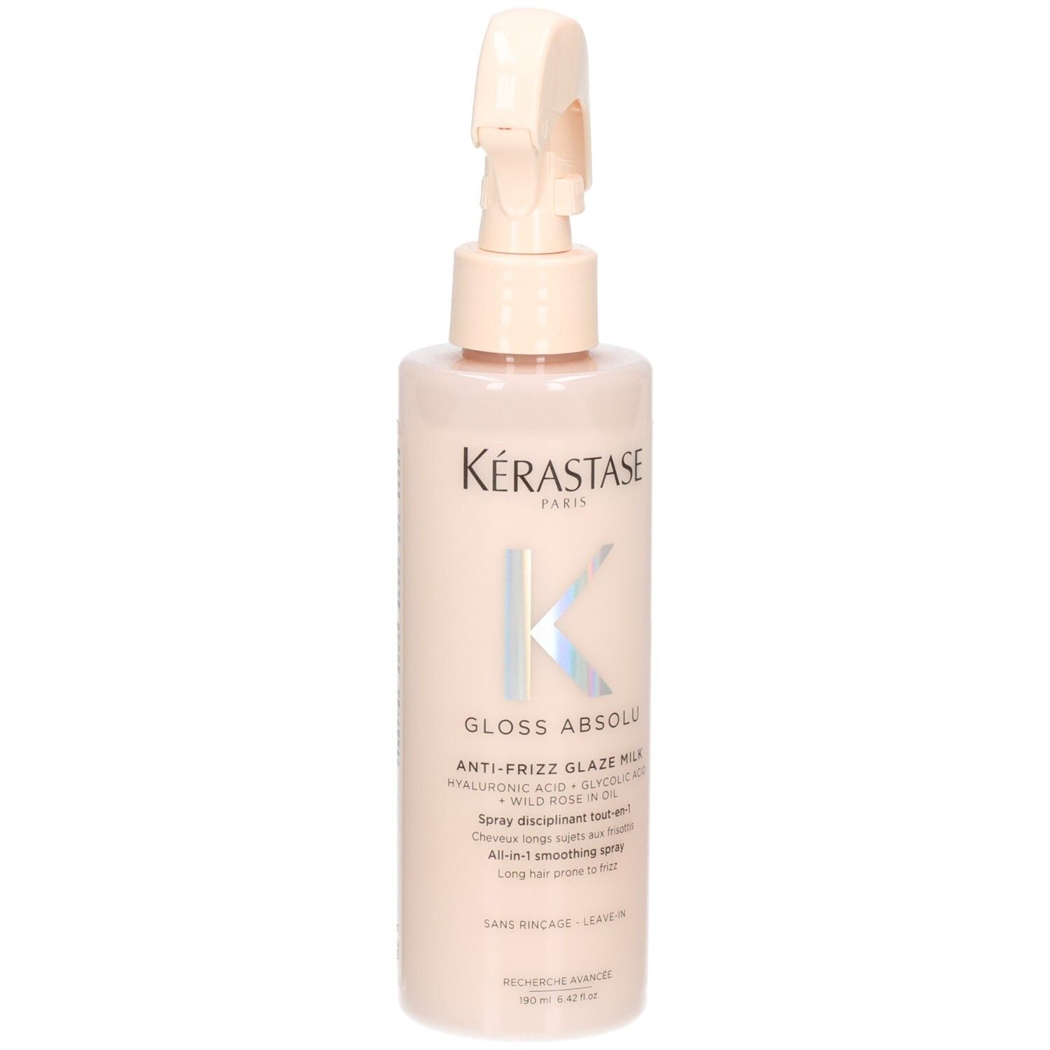 Kérastase Gloss Absolu Anti-Frizz Glaze Milk dans un flacon spray rose pâle avec logo K argenté.