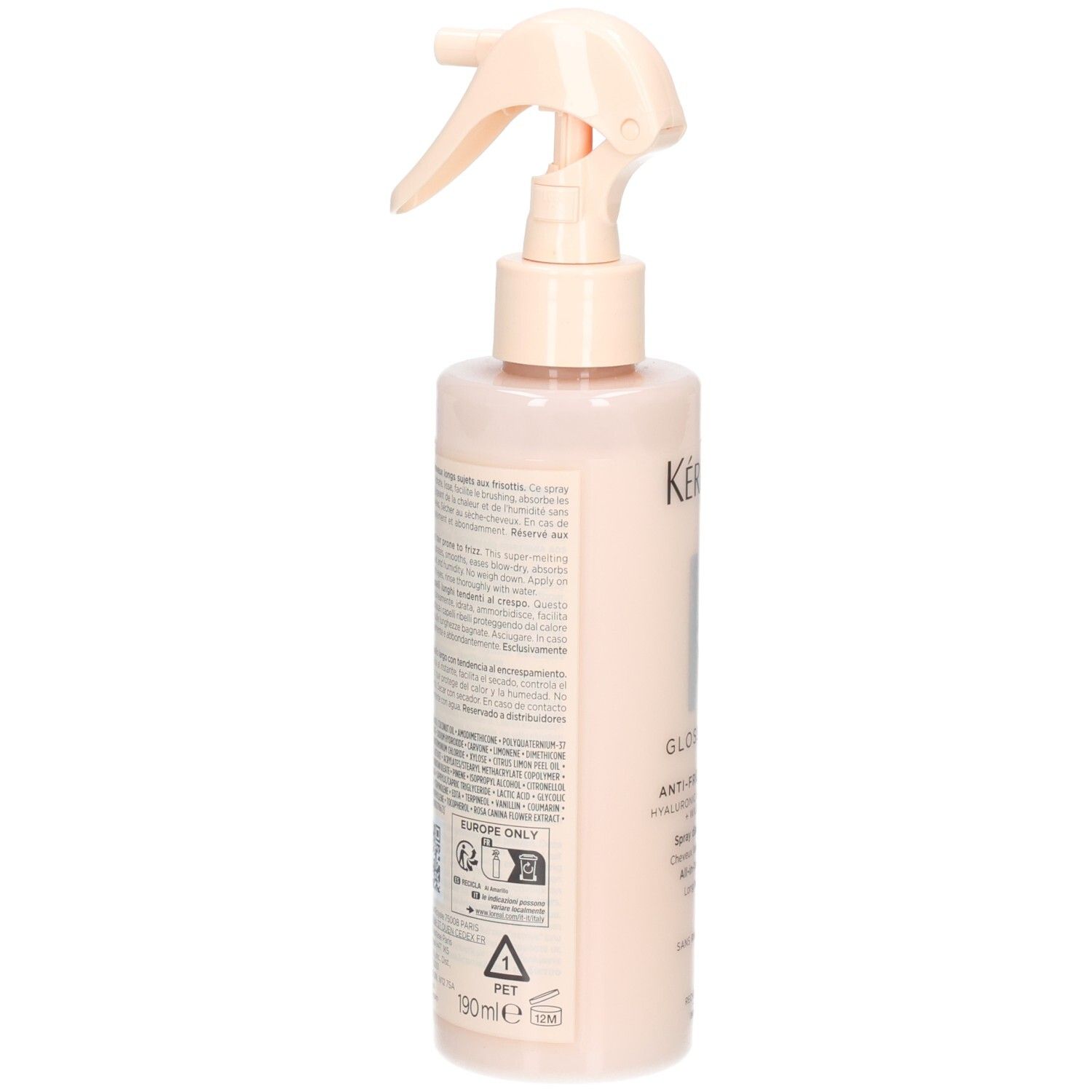 Arrière du flacon Kérastase Gloss Absolu avec ingrédients et instructions.