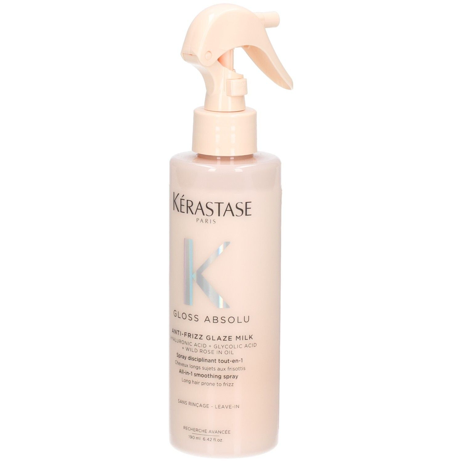 Kérastase Gloss Absolu Anti-Frizz Glaze Milk dans un flacon spray rose pâle, vue de face.