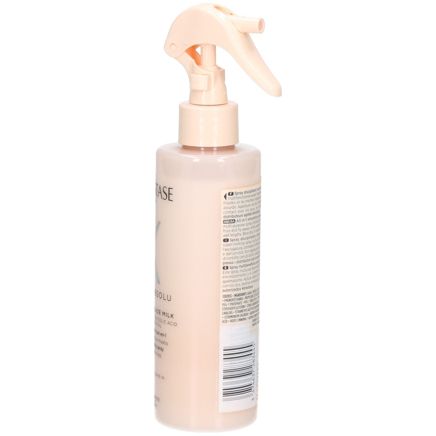 Vue latérale du flacon spray Kérastase Gloss Absolu avec informations détaillées.