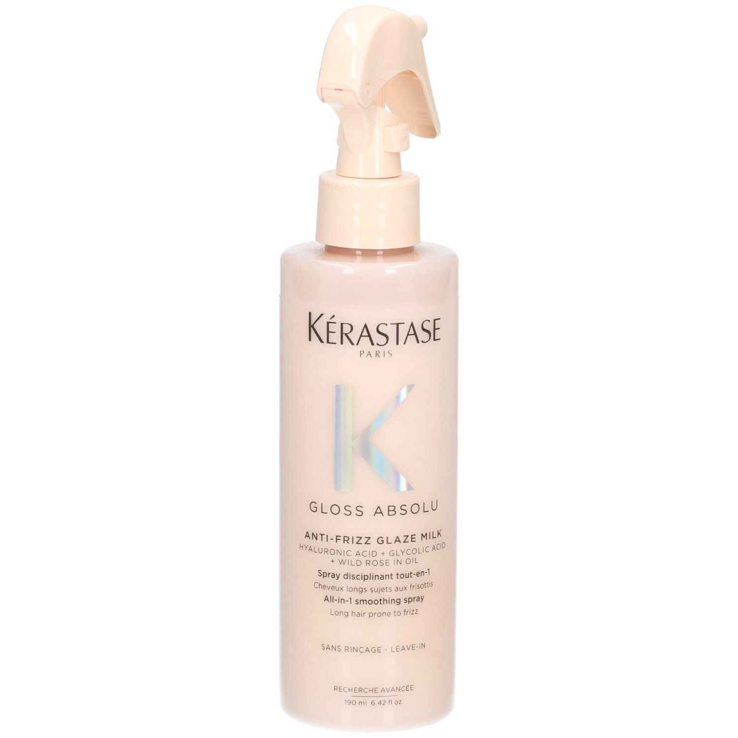 Kérastase Gloss Absolu Anti-Frizz Glaze Milk, flacon spray rose pâle avec logo K argenté.
