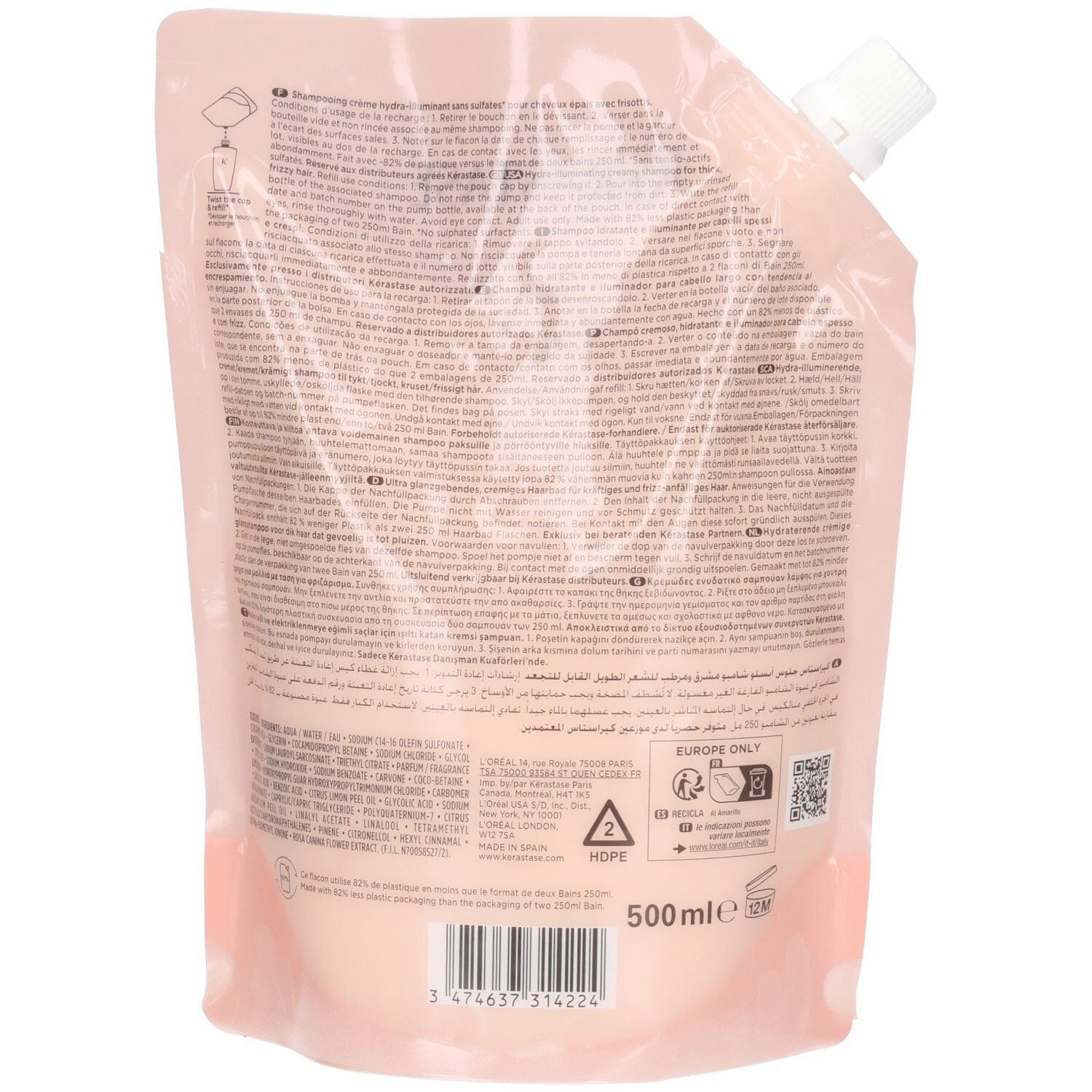 Achterkant van de Kérastase Gloss Absolu Bain Nutri Shampoo navulzak met productinformatie en barcode.