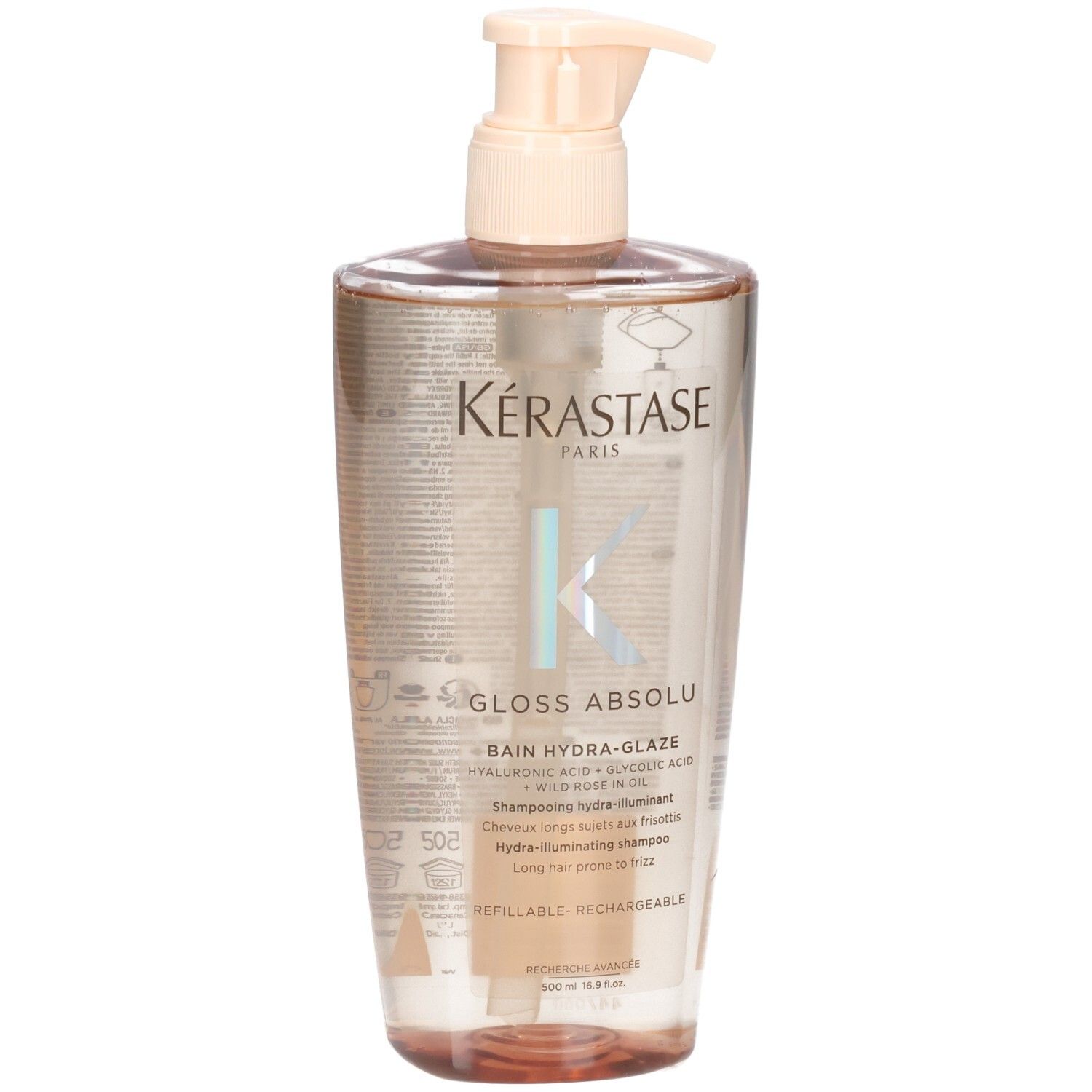 Shampoing Kérastase Gloss Absolu Bain Hydra-Glaze dans une bouteille transparente avec pompe.