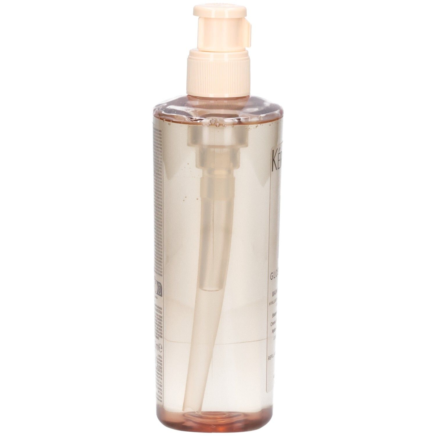 Arrière du flacon de shampoing Kérastase Gloss Absolu Bain Hydra-Glaze avec pompe.