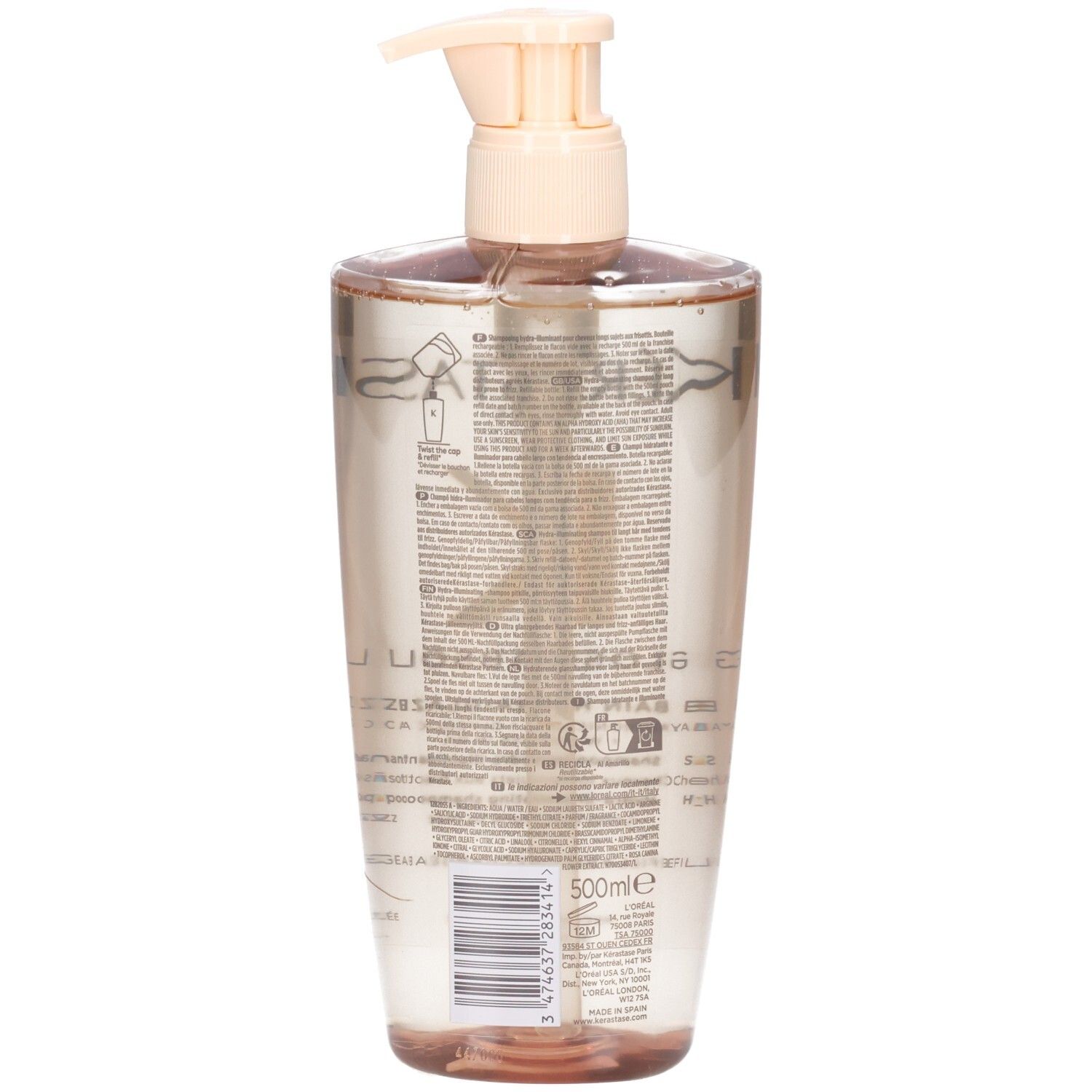 Arrière du flacon de shampoing Kérastase Gloss Absolu Bain Hydra-Glaze avec étiquette et pompe.