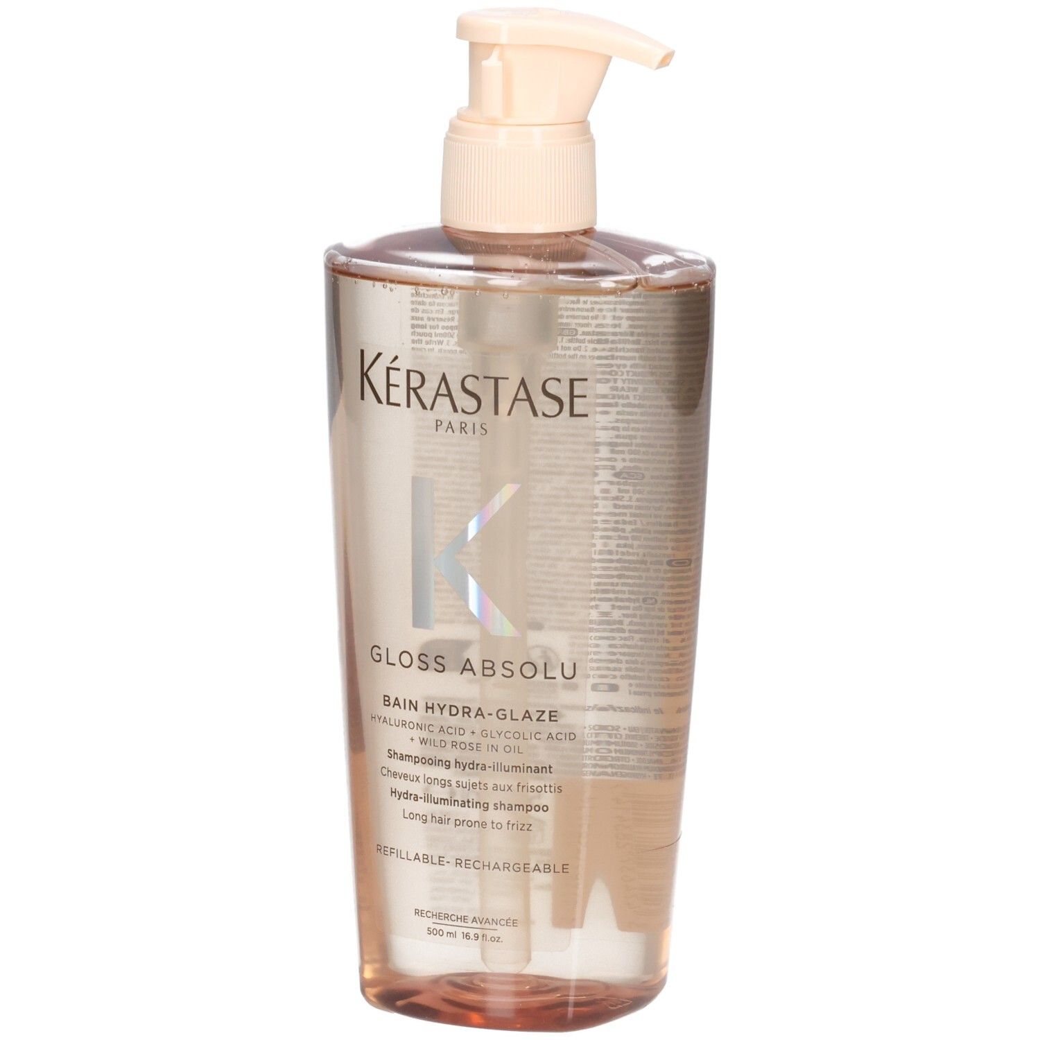 Shampoing Kérastase Gloss Absolu Bain Hydra-Glaze dans une bouteille transparente avec pompe.