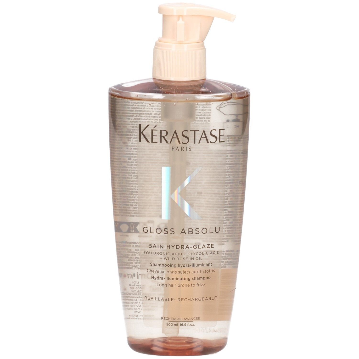 Shampoing Kérastase Gloss Absolu Bain Hydra-Glaze dans une bouteille transparente avec pompe.