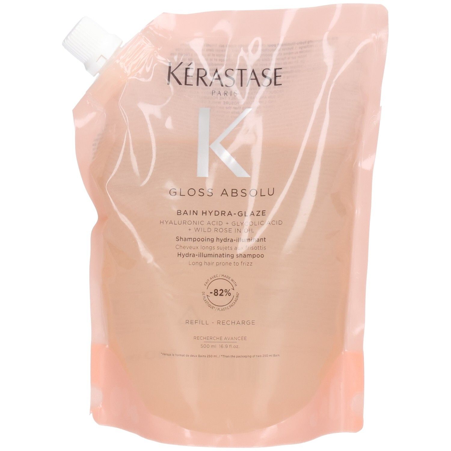 Kérastase Gloss Absolu Bain Hydra-Glaze recharge avec bouchon à vis. Pochette transparente avec dégradé rose.