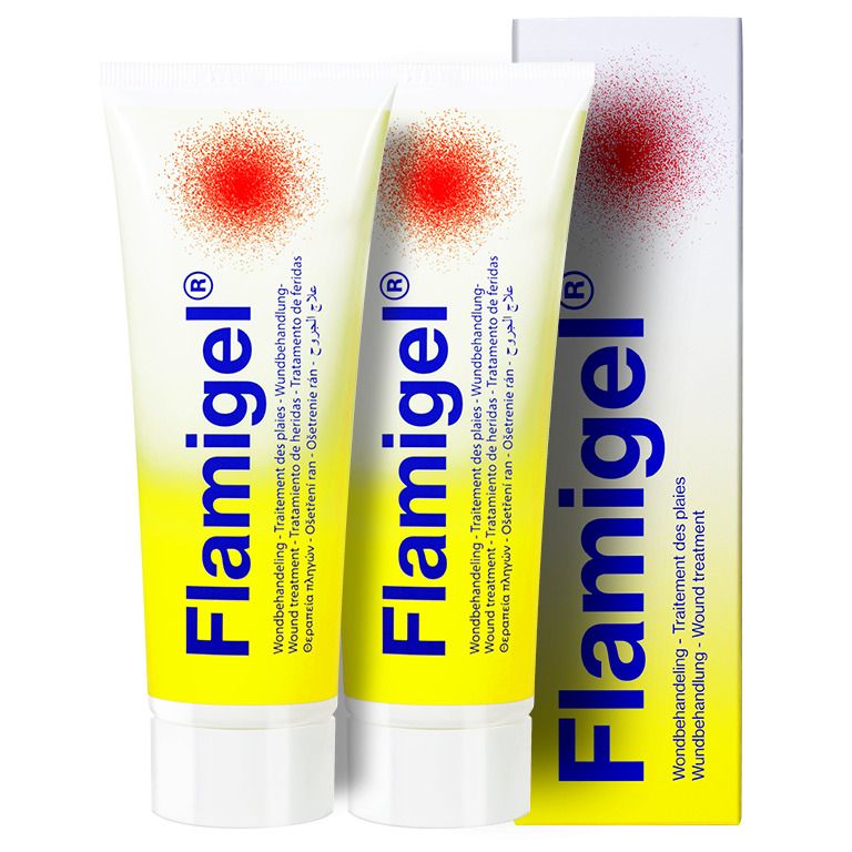 Twee tubes en een doosje Flamigel Wondbehandeling.